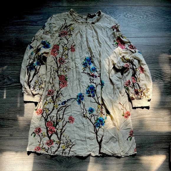 Superdry Dresses & Skirts - Superdry Long Sleeve Lightweight Embroidered Tree Bird Cream Blue Dress Size 12